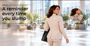 Woman walking upright while the Straivo sensor reminds her when she slumps